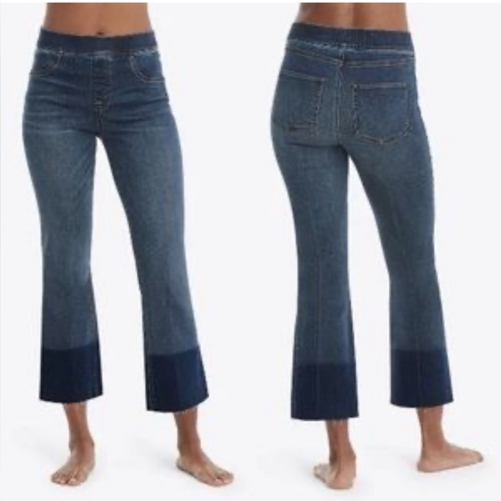 SPANX High Rise Dip Dye Colorblock Raw Hem Crop Flare Pull On Jeans Large - Picture 2 of 10